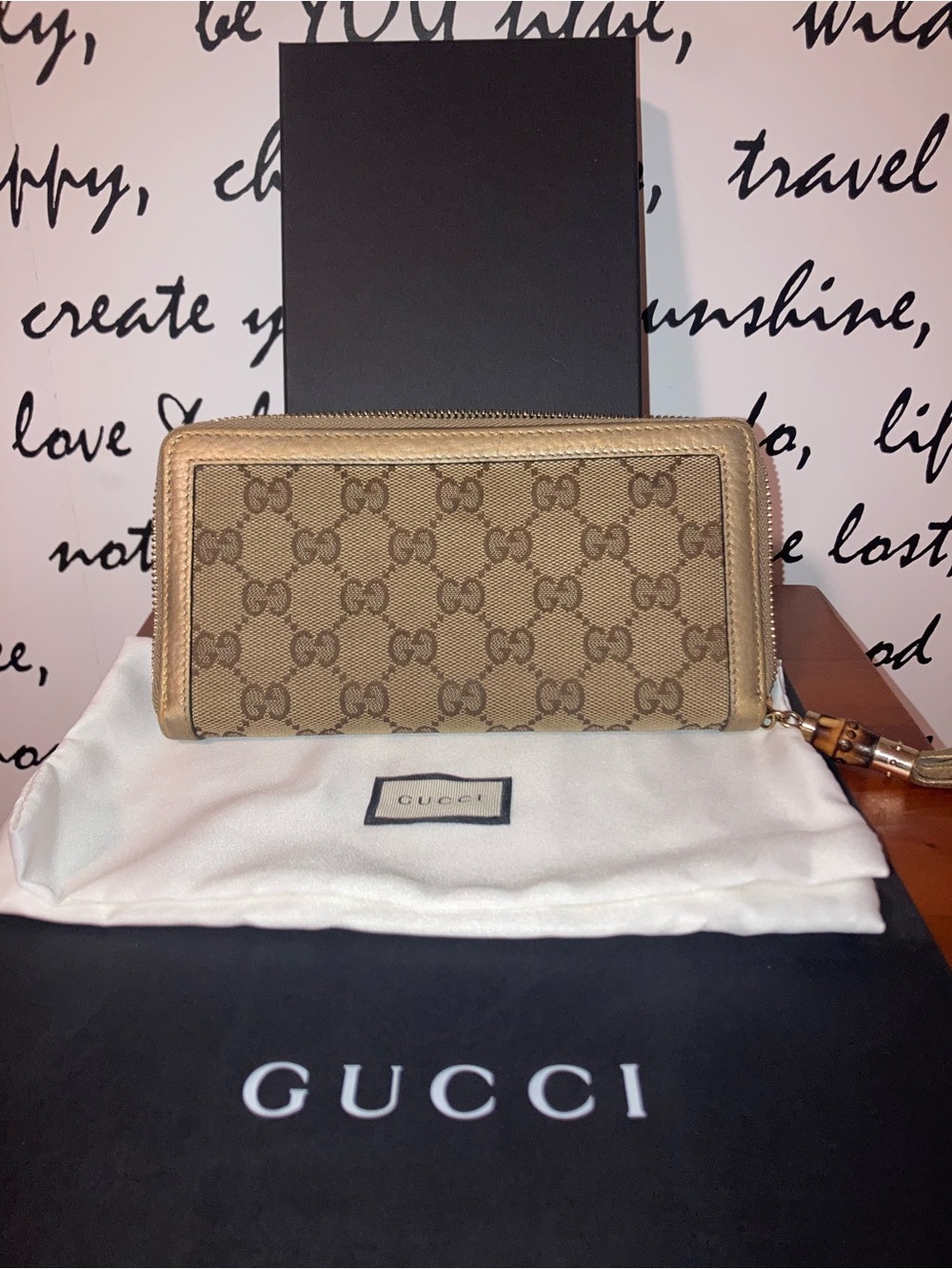 Authentic GUCCI GG  Canvas Leather Bamboo Zip Around Zippy Wallet
